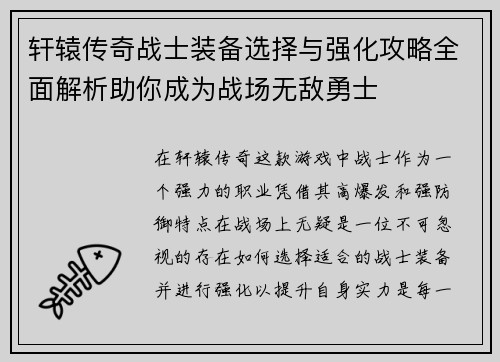 轩辕传奇战士装备选择与强化攻略全面解析助你成为战场无敌勇士